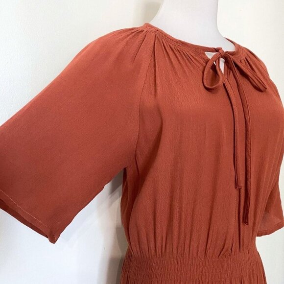 URBAN OUTFITTERS TERRA COTA BROWN TIERED SMOCKED PEASANT MAXI DRESS - S - Picture 4 of 10